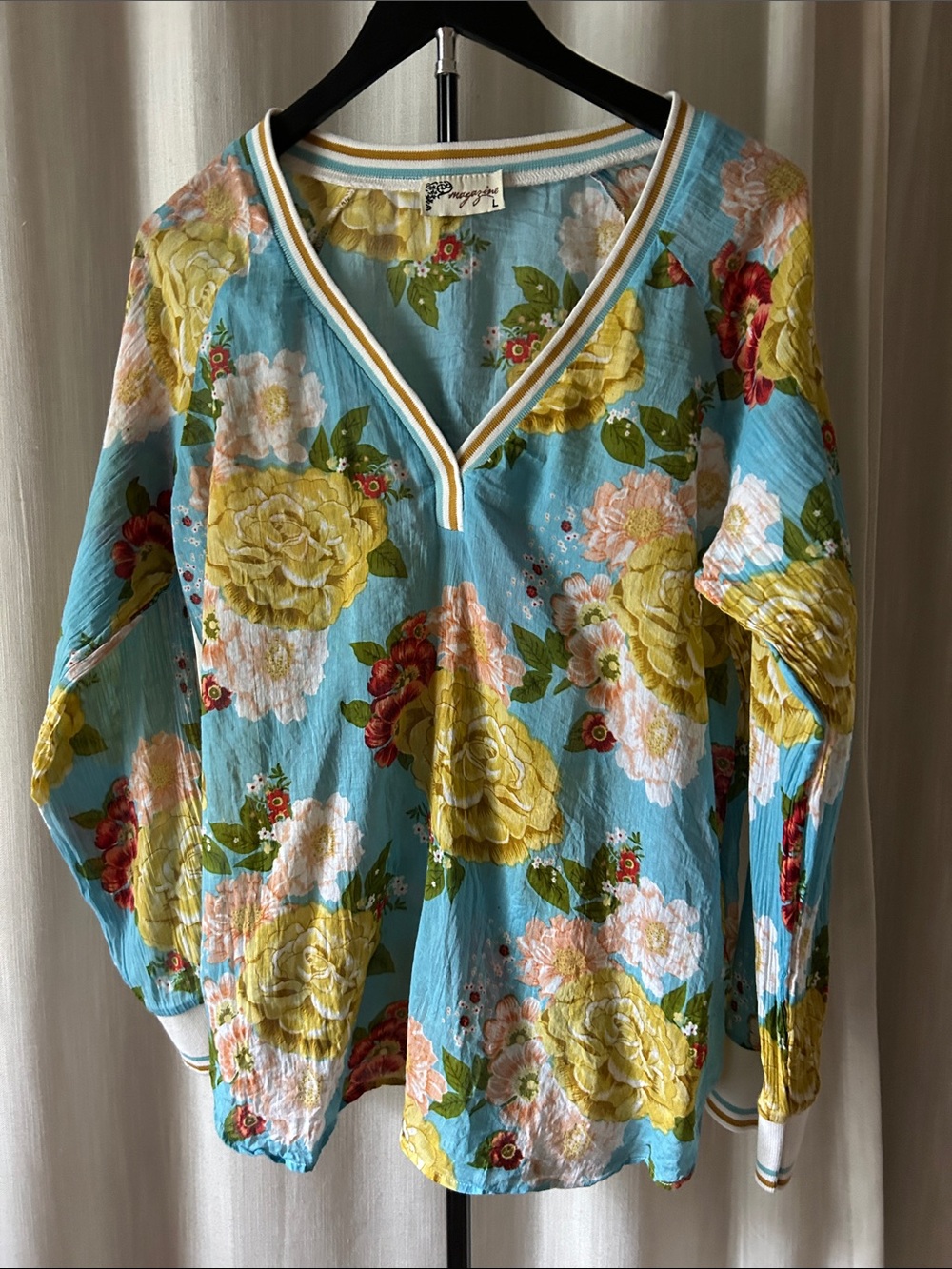 Floral V-Neck Women's Top in Sky Blue and Yellow 100% Cotton